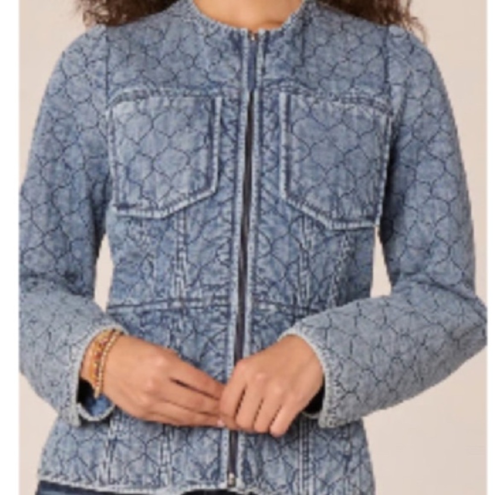 NWT Large Democracy Zip Front Quilted Peplum Denim Jacket